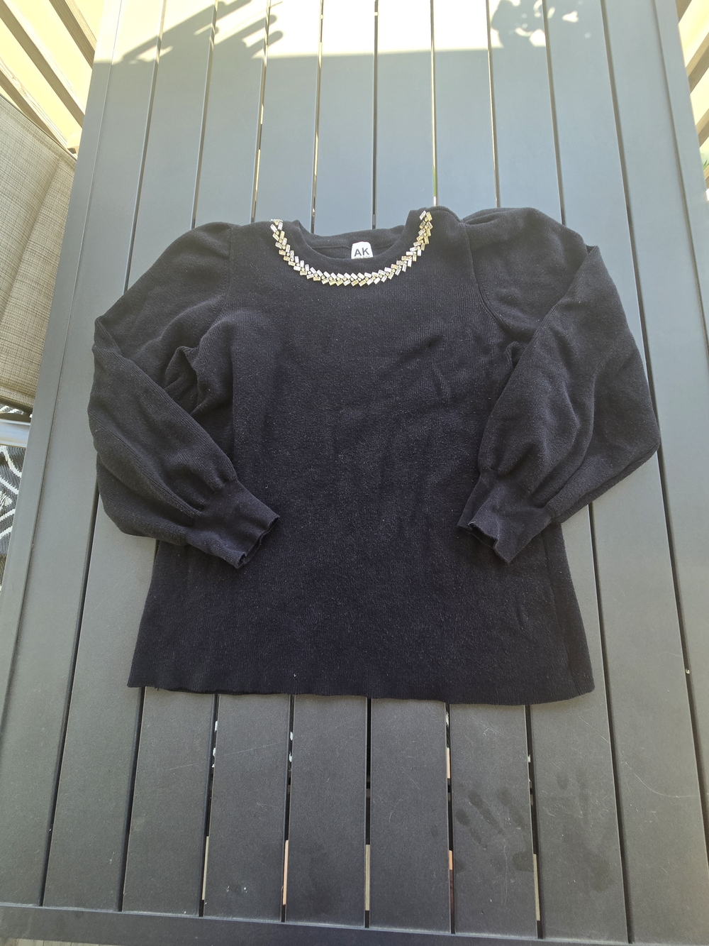 Ann Klein Embellished Crew Neck Ribbed Sweater With Puff Sleeves Sz XL